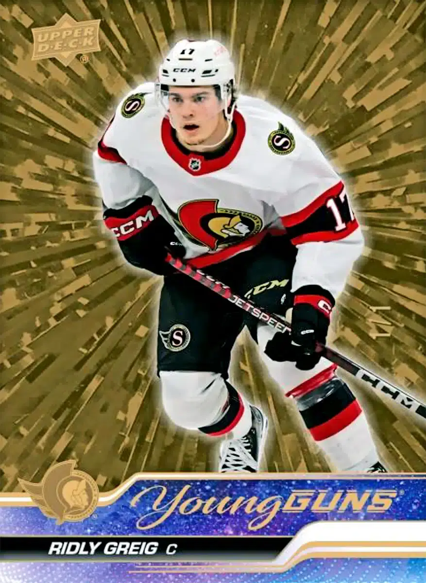 2023-24 Upper Deck Series 1 hockey Young Guns Outburst Gold Ridly Greig